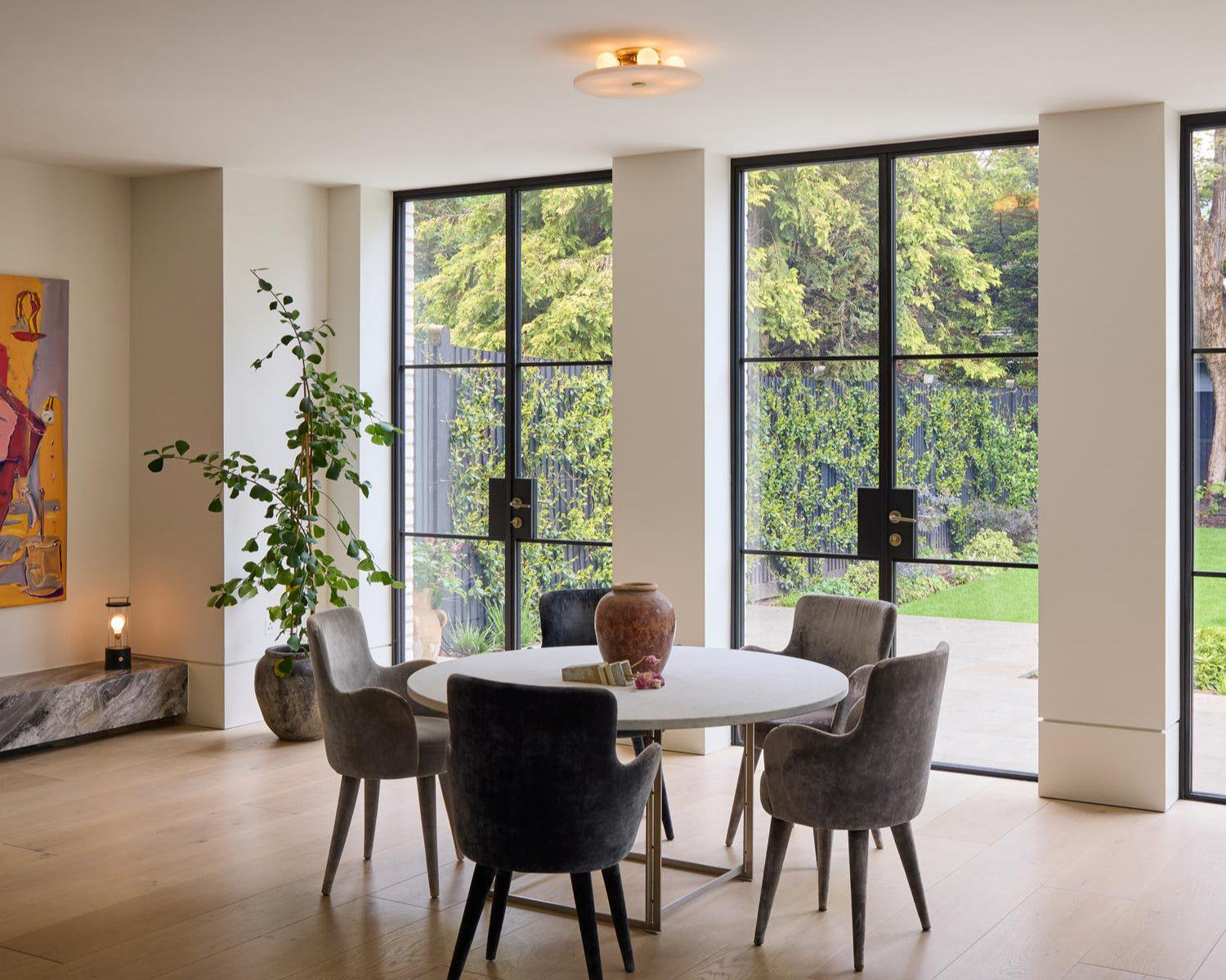 Flush mount and portable lights in a low-ceiling living room